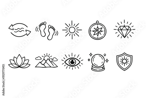 Spiritual and symbolic icons including lotus, sun, compass, diamond, and eye