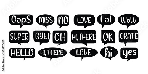 Speech bubbles with various words like hello, love, and oops in a modern comic style