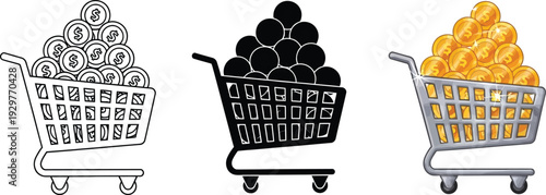 Collection of shopping cart icons filled with coins representing e-commerce and financial concepts isolated on white background