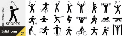 Sports solid icons set featuring stick figure playing golf tennis skateboarding basketball and weightlifting
