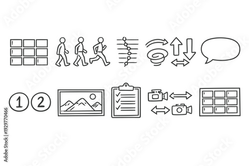 Storyboard and animation icons, visual storytelling and process elements