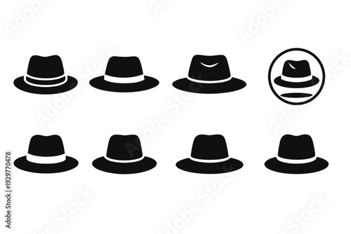 Stylish fedora hats and headwear icons for fashion and accessory design