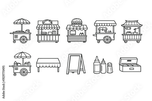 Street food stall and market cart icons for food business and outdoor events