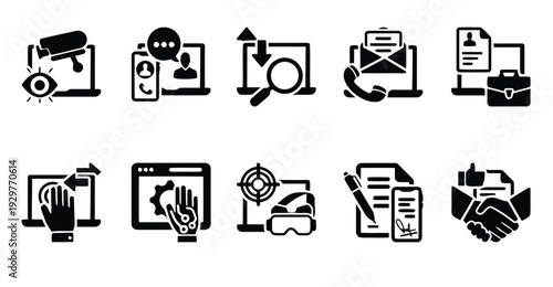 Technology and business process icons, illustrating digital workflow and communication