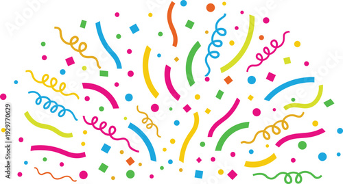 Vibrant colorful confetti and streamers on white background for celebration