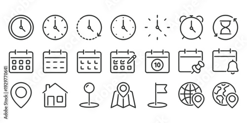 Time and date icons collection clock calendar and location markers for planning and scheduling