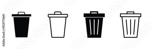 Trash can icons collection, black and white solid and outline styles for waste management and recycling symbols