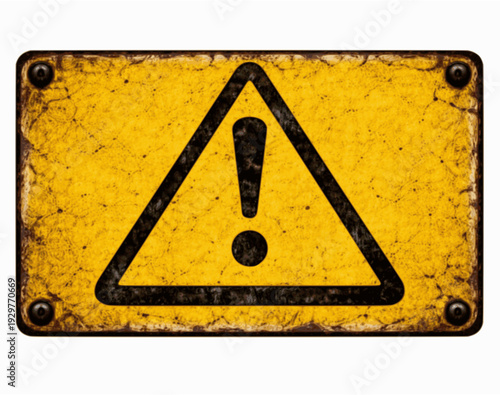 Vintage industrial warning sign on aged yellow enamel metal plate with black caution triangle