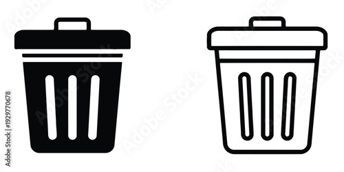 Trash can icons in solid and outline style for waste management