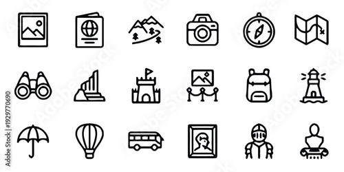 Travel and adventure icons. Collection of tourism and exploration symbols for vacation.