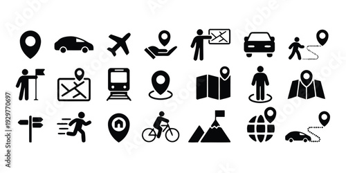 Travel and navigation icons showing transportation and location symbols