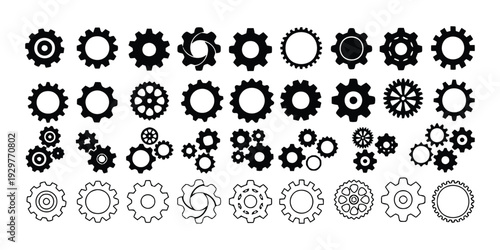 Various gears and cogs, mechanical parts, engineering and technology icons, black and white