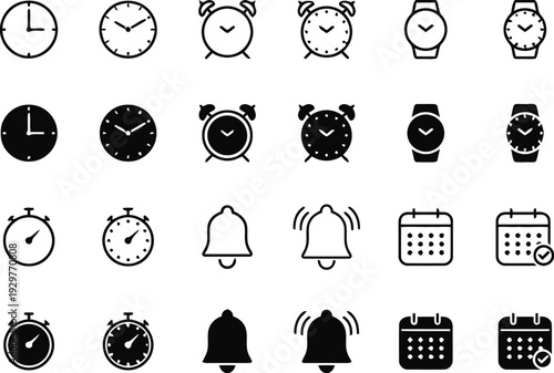 Various icons for time management including stopwatch alarm clock calendar and rotating arrows