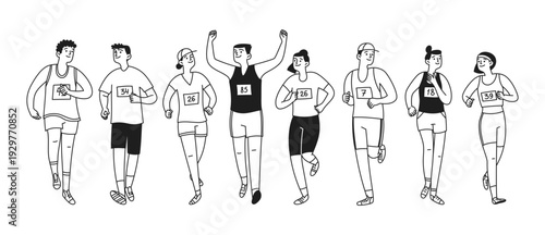 Vector doodle set of happy people running a marathon. Athletes training in a public park. Long distance running. Sprint. Active lifestyle concept.