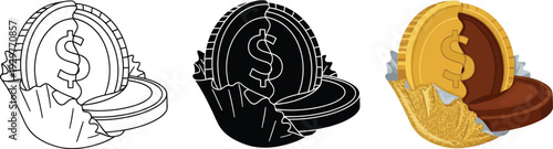 Collection of dollar coin icons in outline silhouette and color representing financial concepts and currency exchange