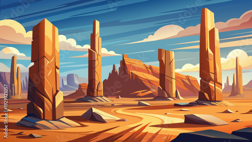 Tall narrow rock pillars rising from flat desert terrain strong vertical natural shapes under clear open sky clean minimal vector illustration flat design uncluttered composition