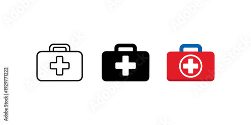 First Aid Kit Icons Set in Outline, Solid and Flat Style on Light Background