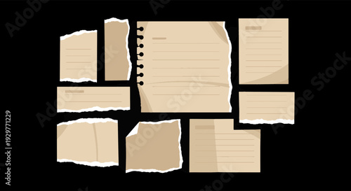 Collection of Various Brown Paper Scraps Torn Pages and a Spiral Notepad Sheet on a Dark Background