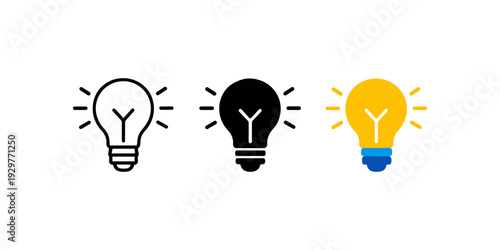 Light Bulb Icons Set in Outline, Solid and Flat Style on Light Background