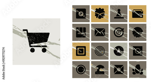 Set of Grunge Textured Square Icons with a Shopping Cart Target and Other Abstract Symbols