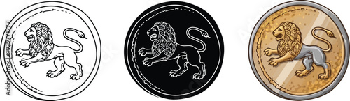 Collection of lion emblem coins featuring outline silhouette and detailed gold designs for finance and heraldry concepts