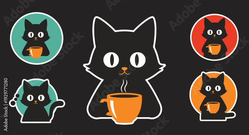 Cute Collection of Black Cats Holding Steaming Orange Cups in Round Framed Character Designs