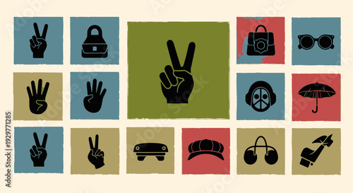 Distressed Grunge Graphic Block Art Featuring Diverse Hand Gestures and Retro Lifestyle Icons
