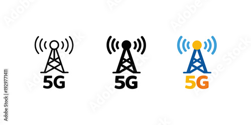 5G Network Tower Icons Set in Outline, Solid and Flat Style on Light Background