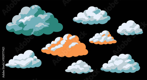 Collection of Stylized Cloud Formations in Various Shades of Blue White and Orange Weather Concept