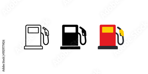 Gas Pump Icons Set in Outline, Solid and Flat Style on Light Background