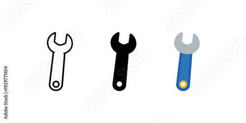 Wrench Icons Set in Outline, Solid and Flat Style on Light Background