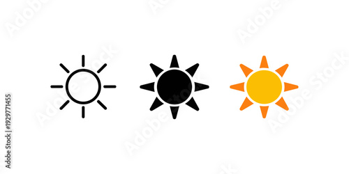 Sun Icons Set in Outline, Solid and Flat Style on Light Background
