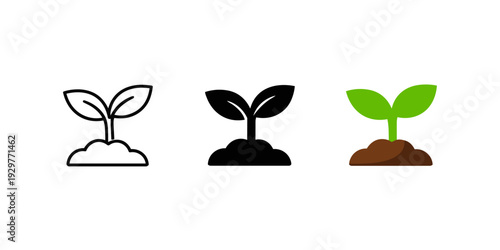 Plant Sprout Icons Set in Outline, Solid and Flat Style on Light Background