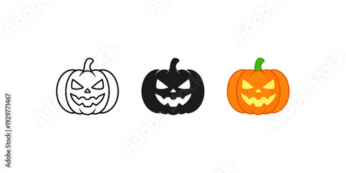 Halloween Pumpkin Icons Set in Outline, Solid and Flat Style on Light Background