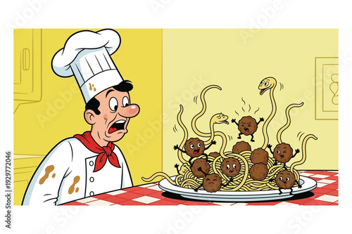 Scared chef with spaghetti and meatballs coming alive