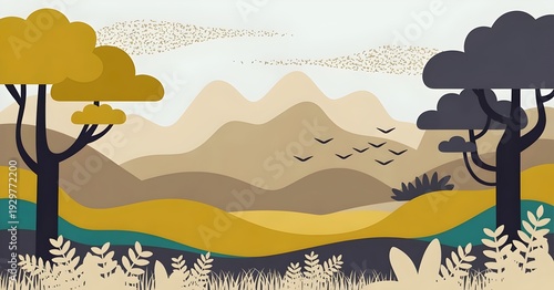 Stylized, minimalist landscape illustration with rolling hills, abstract trees, and flying birds in muted earthy tones, creating a serene and modern natural scene.