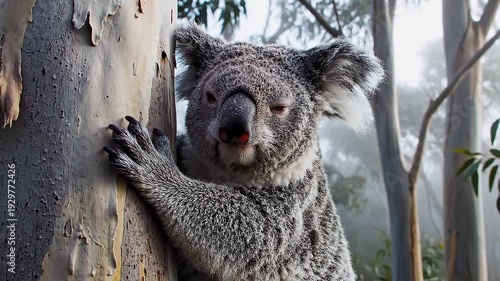 Koala bear clinging to tree bark in natural environment