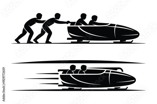 Bobsled Team Pushing and Racing Silhouettes
