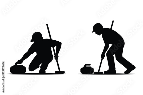 Curling Players Silhouette Sweeping Ice