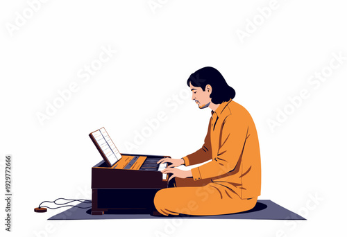 Illustration of a Seated Individual in Relaxed Attire Playing a Harmonium with Focus and Devotion in a Minimalistic Setting