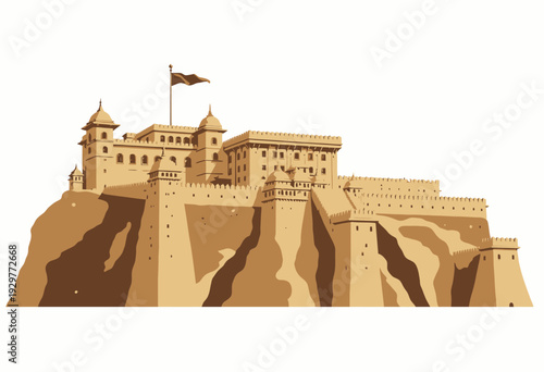 Majestic Hilltop Fortress with Towering Walls and Historical Architecture Resting on Rugged Cliffs Under a Clear Blue Sky with a Prominent Red Flag Waving