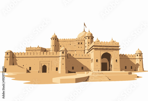Majestic Sand-Colored Fortress with Flag and Domed Towers Showcasing Architectural Grandeur and Historical Significance Against a Minimalist Background