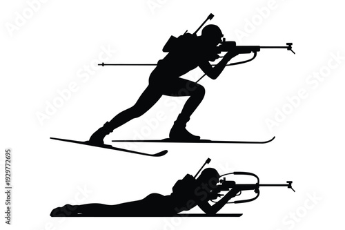 Biathlete Silhouette Skiing and Shooting