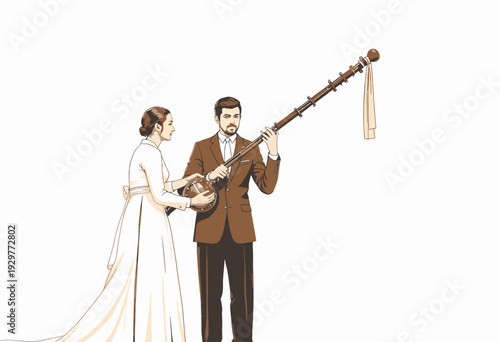 Elegant Couple Admiring a Traditional Long Wind Instrument with Detailed Decorations and Cultural Significance in a Minimalist Setting