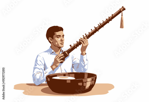 Young Man Skillfully Playing a Traditional Indian Musical Instrument in a Peaceful Setting Highlighting Cultural Heritage and Artistic Expression