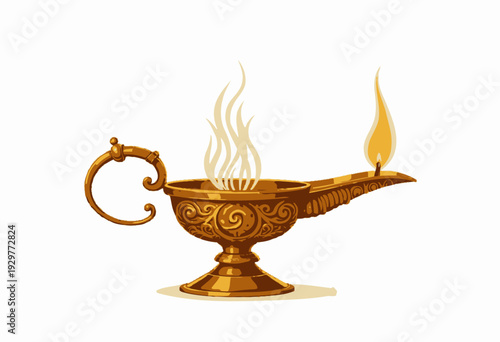 Ornate Antique Brass Oil Lamp with Intricate Patterns and a Gentle Flickering Flame on a White Background