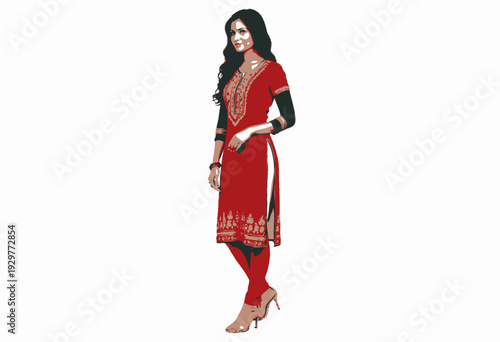 Elegant Traditional Red and Green Salwar Suit with Intricate Embroidery and Side Slit Design for Women Standing Poised in Fashionable Style