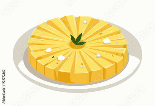 A beautifully arranged circular sliced cheesecake garnished with fresh green mint leaves and delicate white cream pearls on a smooth white plate