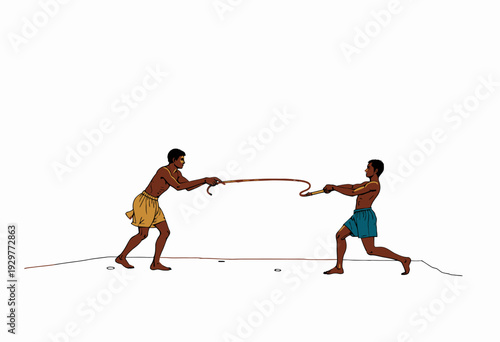 Two individuals engage in a traditional cultural rope pulling game demonstrating strength, skill, and balance against a minimalist background.