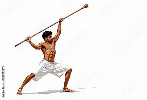 Athletic Man in Powerful Warrior Pose with Wooden Staff on White Background Demonstrating Strength and Agility